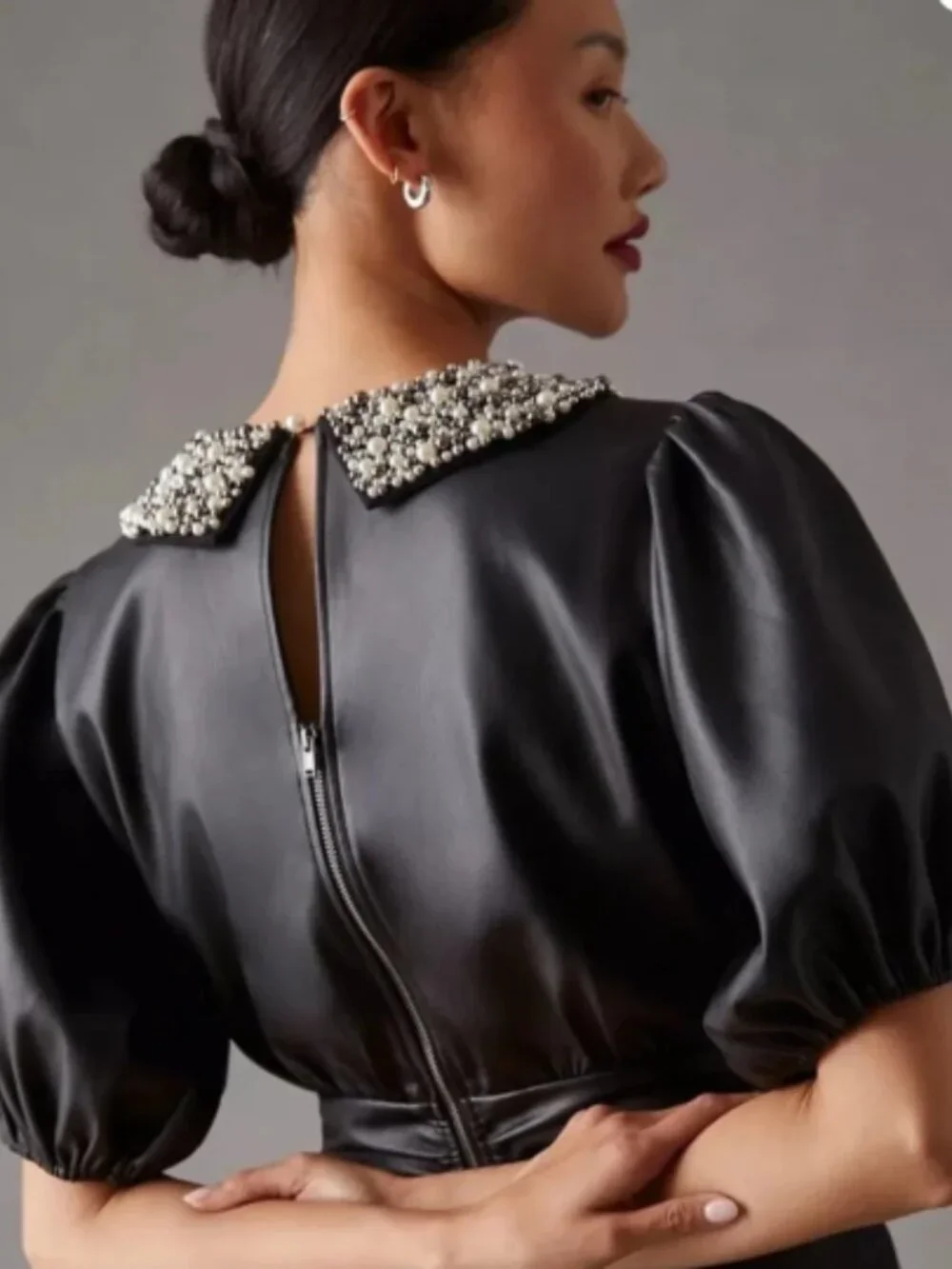 Maeve Faux Leather Puff-Sleeve Blouse - Size Medium